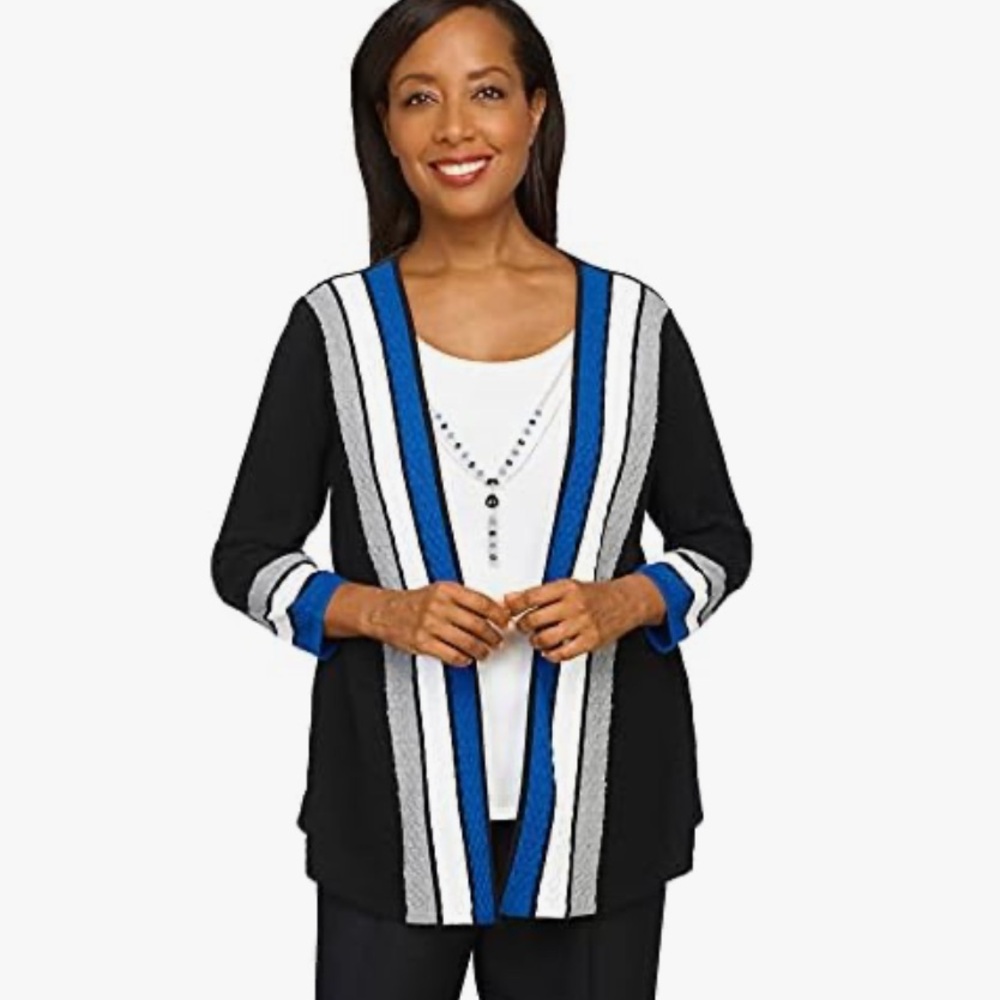 Alfred Dunner Black and Blue Open Front Cardigan